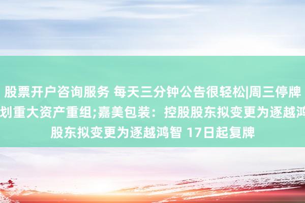 股票开户咨询服务 每天三分钟公告很轻松|周三停牌！300486，筹划重大资产重组;嘉美包装：控股股东拟变更为逐越鸿智 17日起复牌
